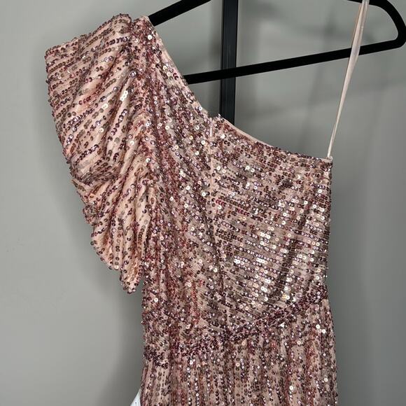 NWT MAC DUGGAL Apricot Sequin Embellished Puff One Shoulder Maxi Gown Women’s - Picture 9 of 12